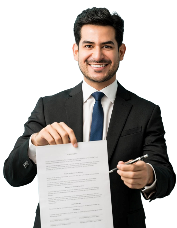 portrait-smiling-confident-young-male-professional-with-contract-against-colored-background-b